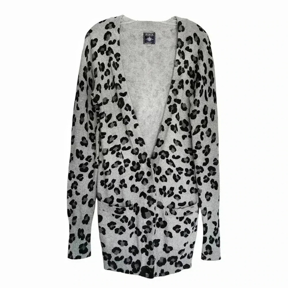 Victoria’s Secret PINK Leopard Boyfriend Cardigan Women M Gray Long Cotton - Picture 1 of 12